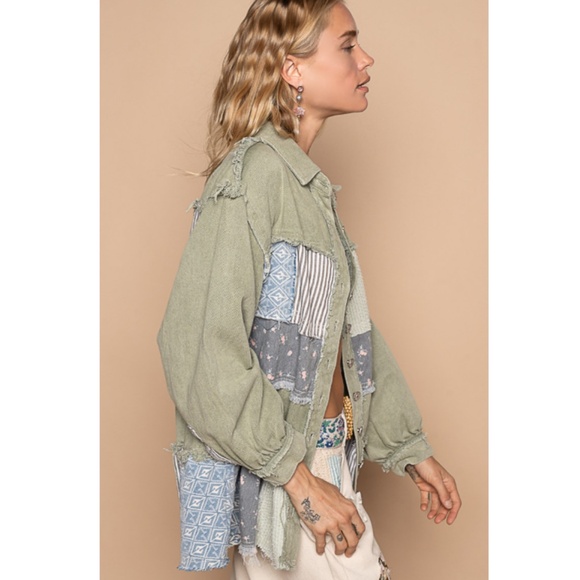 "The Kristin" Olive Mixed Print Frayed Edging Jacket - Picture 5 of 5